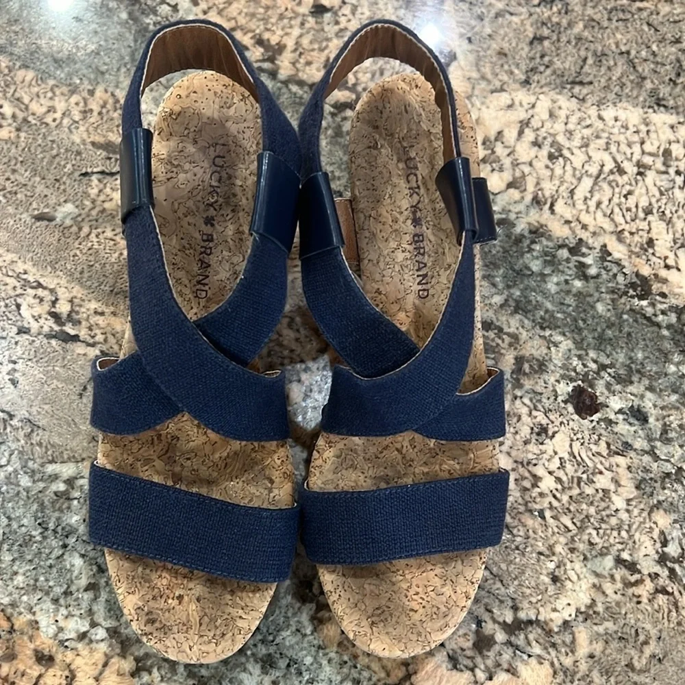 Lucky Brand Blue and Tan Wedge Sandals